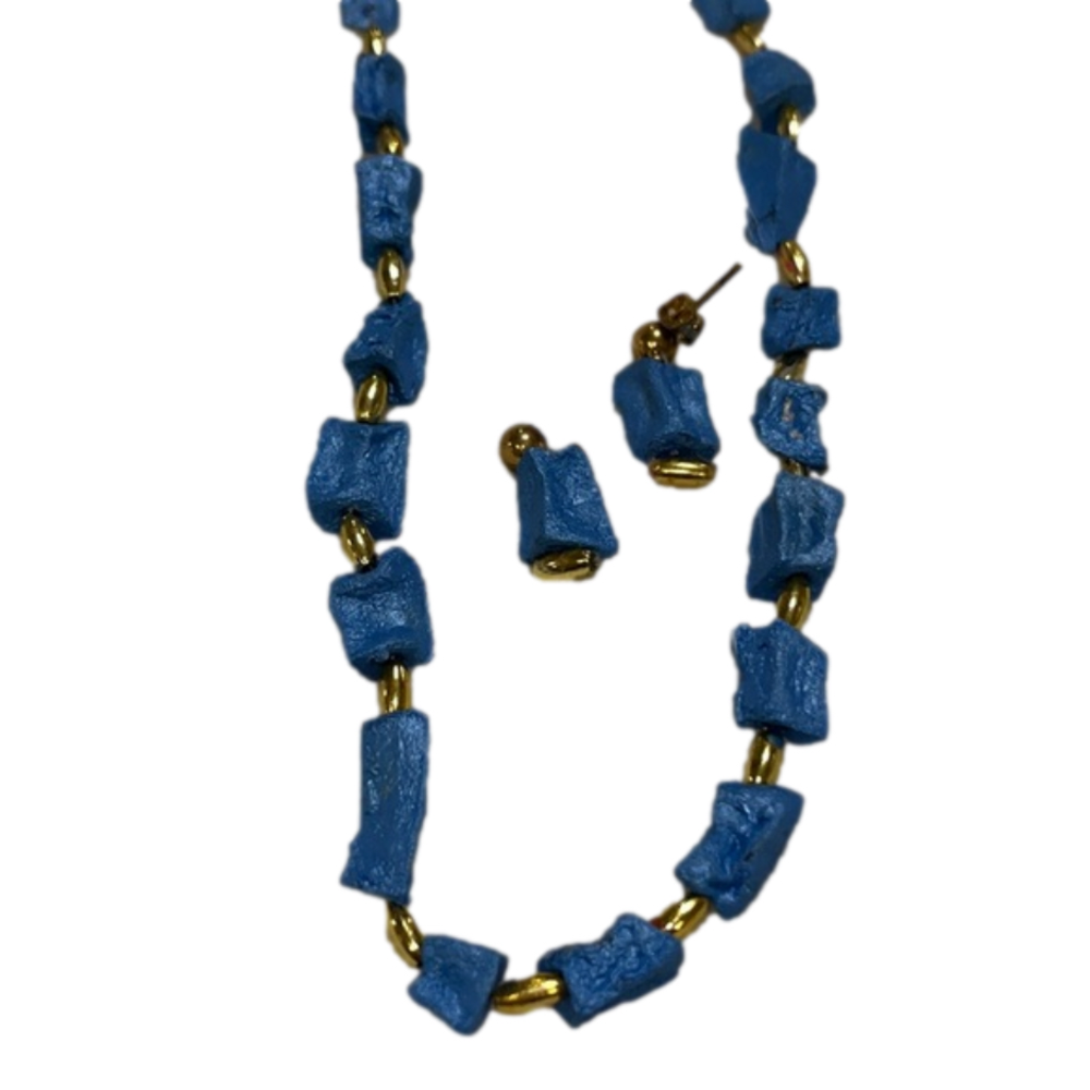 Vintage Blue and Gold Beaded Necklace and Earrings